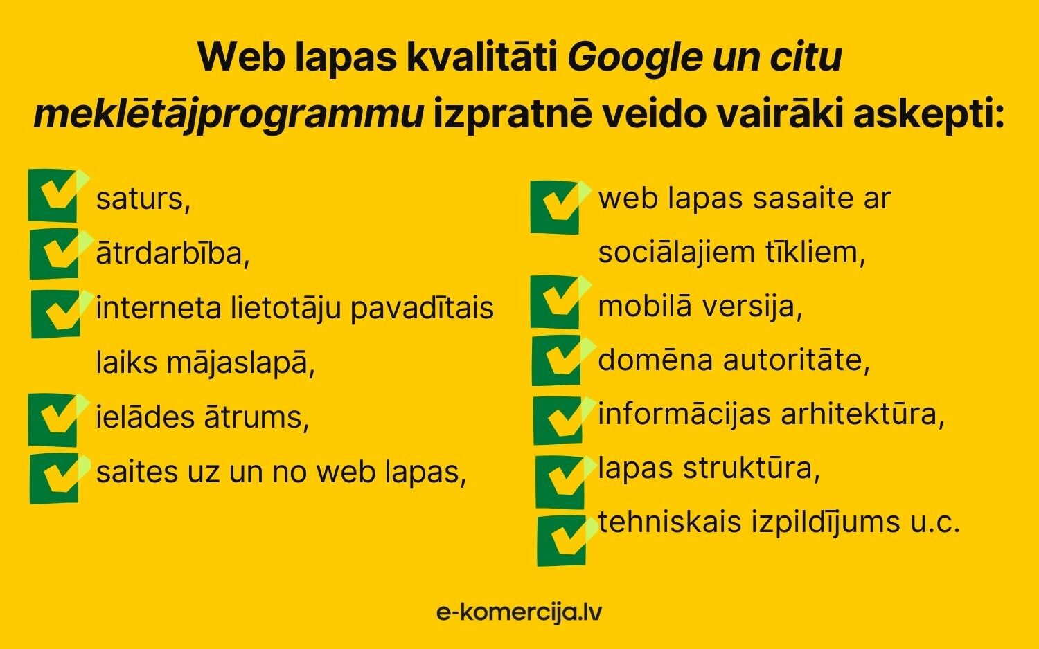 Mājaslapas kvalitāti Google acīs veidot vairāki aspekti, piemēram, mobilā versija, lapas sasaiste ar sociālajie medijiem, ielādes ātrums u.c.