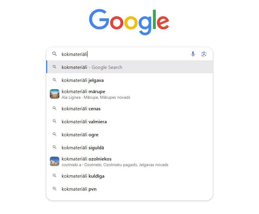 Google meklētāja automātiskās pabeigšanas opcijas rezultāti, meklējot informāciju par kokmateriāliem.