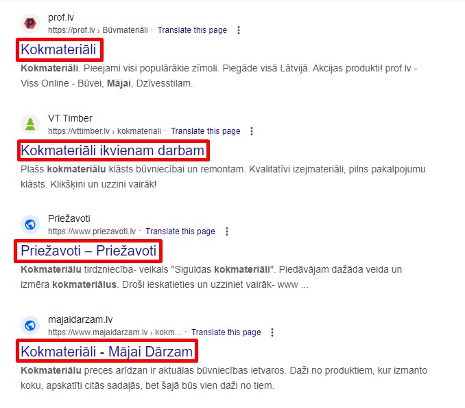 Piemērs tam kā izskatās meta apraksti meklēšanas rezultātos.