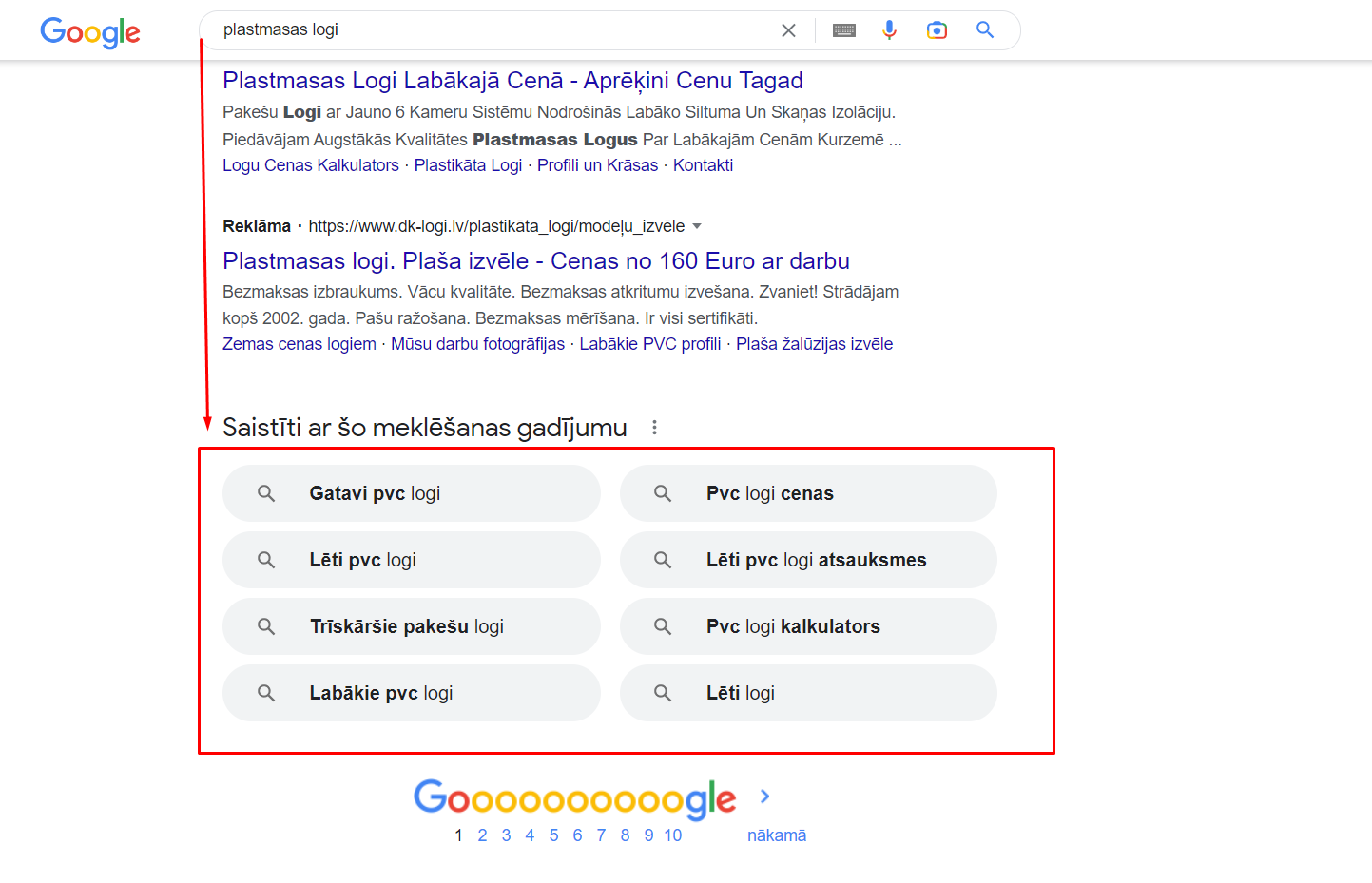 Piemērs kā izskatās saistītie meklēšanas vaicājumi.